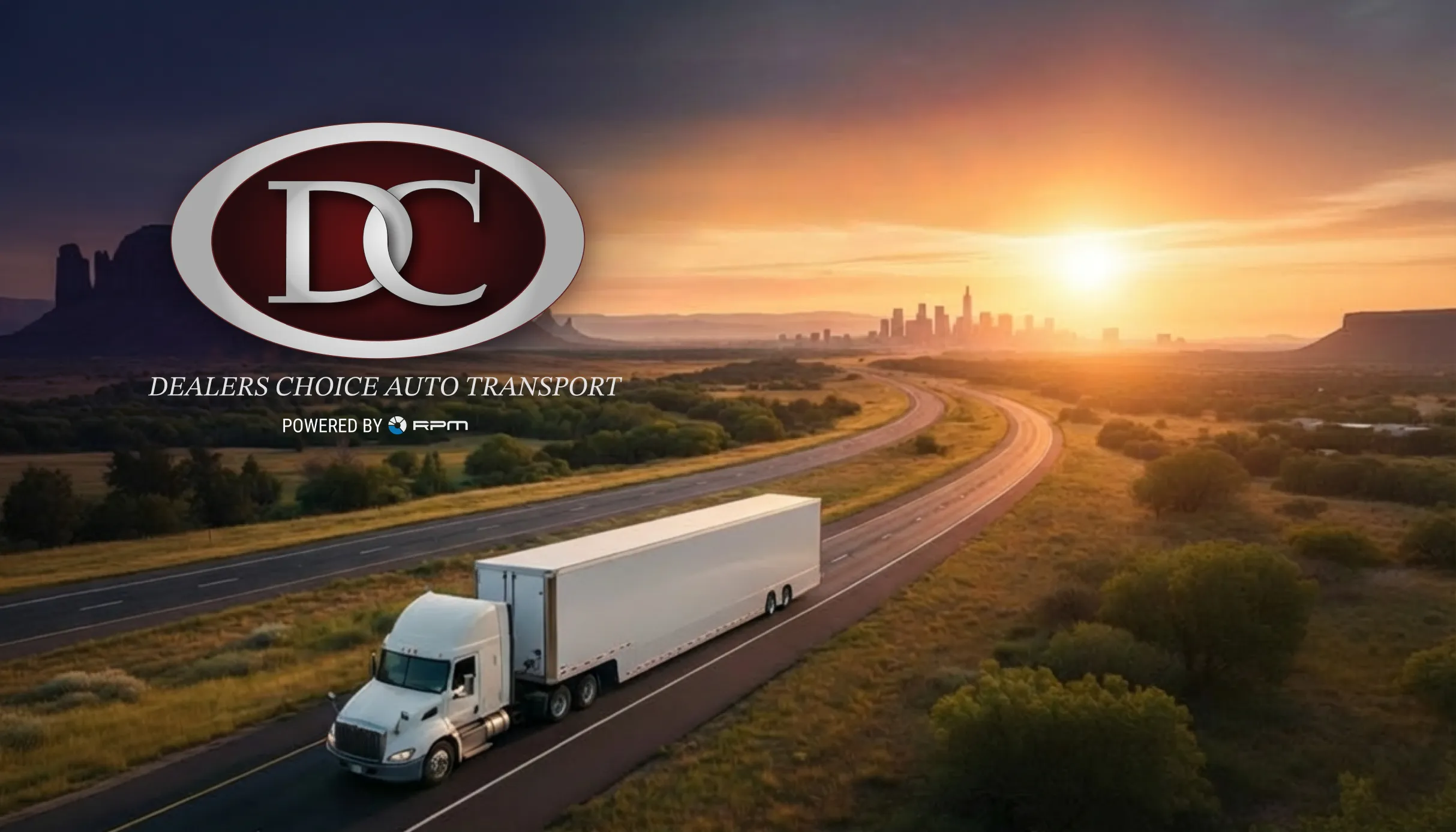 Dealers Choice Auto Transport truck on scenic highway at sunset